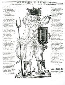 The English Irish Soldier, with his New Discipline, New Arms, Old Stomach, and New Taken Pillage: Who had Heller Eat than Fight, satirisk broadsheet, pub. 1642 af English School
